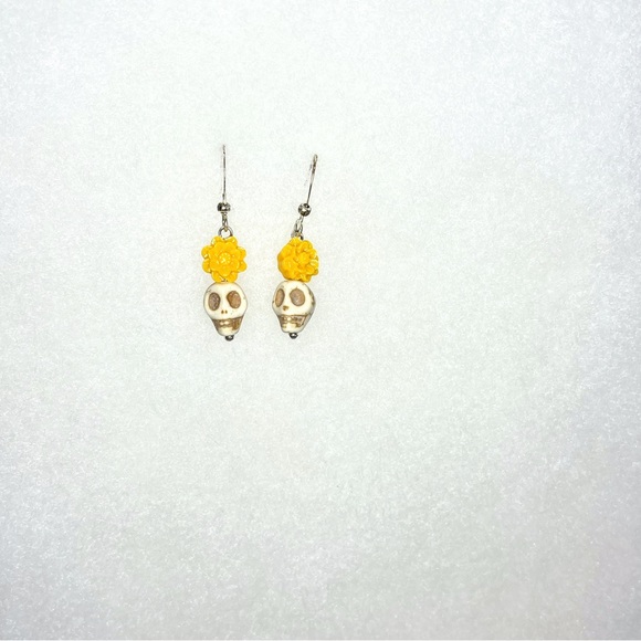 Dainty Skull Day of the Dead Earrings with Yellow Roses - Picture 3 of 6